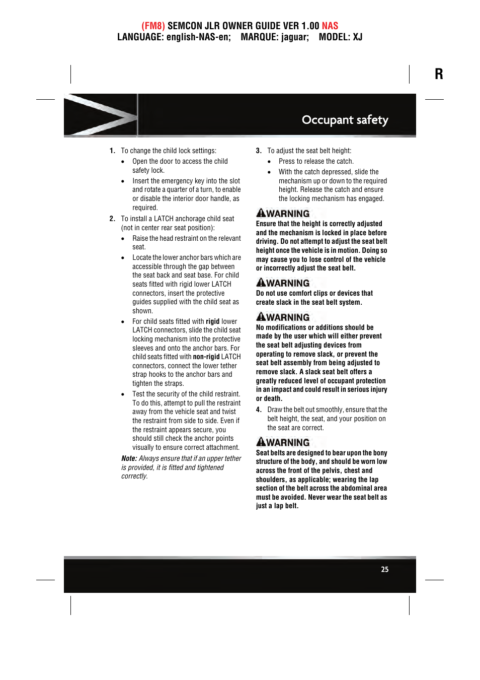 Occupant safety | Jaguar SEMCON JLR XJ User Manual | Page 25 / 217