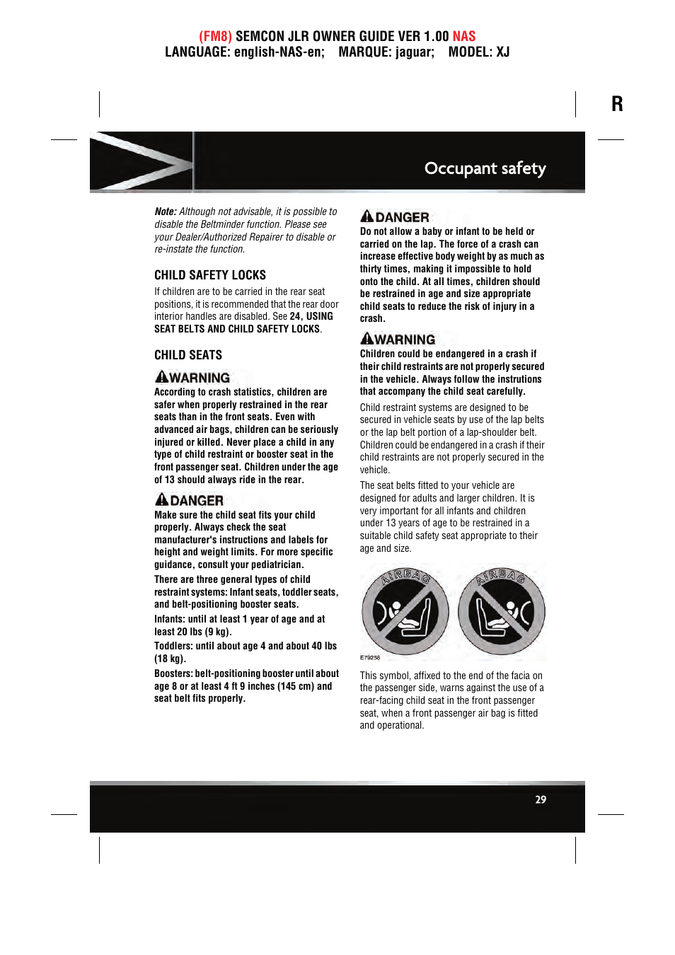 Occupant safety | Jaguar SEMCON JLR XJ User Manual | Page 29 / 217