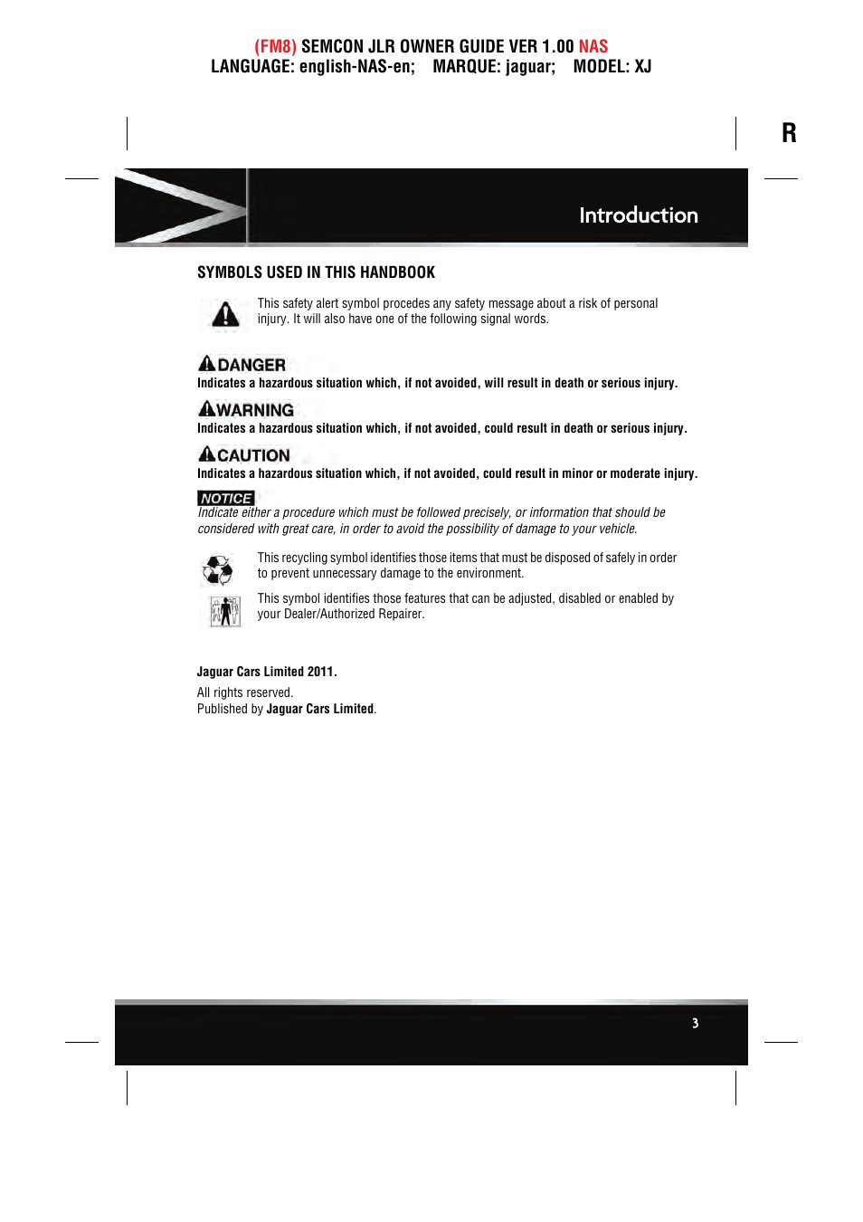 Introduction | Jaguar SEMCON JLR XJ User Manual | Page 3 / 217