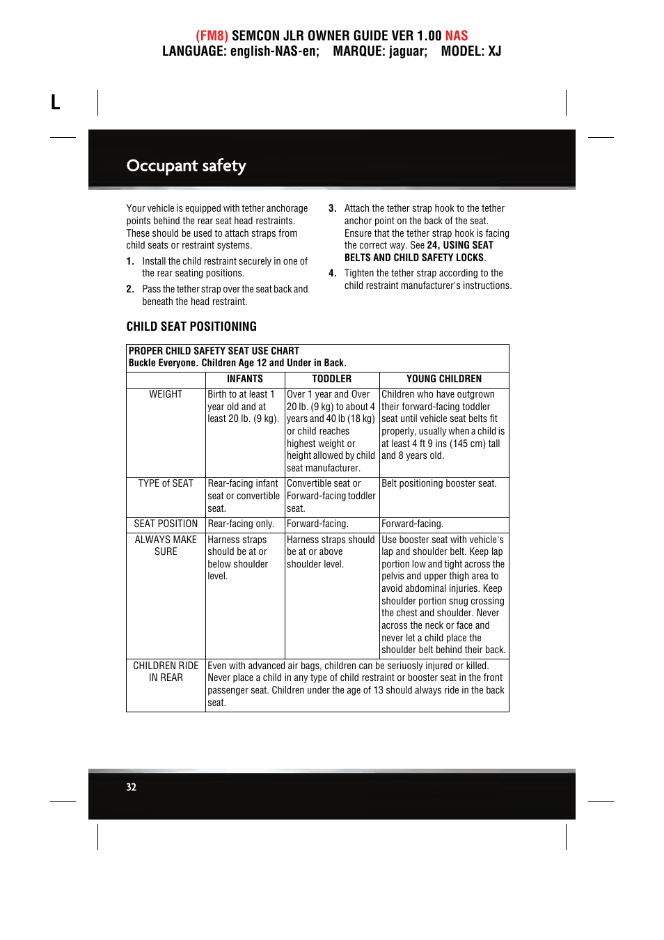 Occupant safety | Jaguar SEMCON JLR XJ User Manual | Page 32 / 217