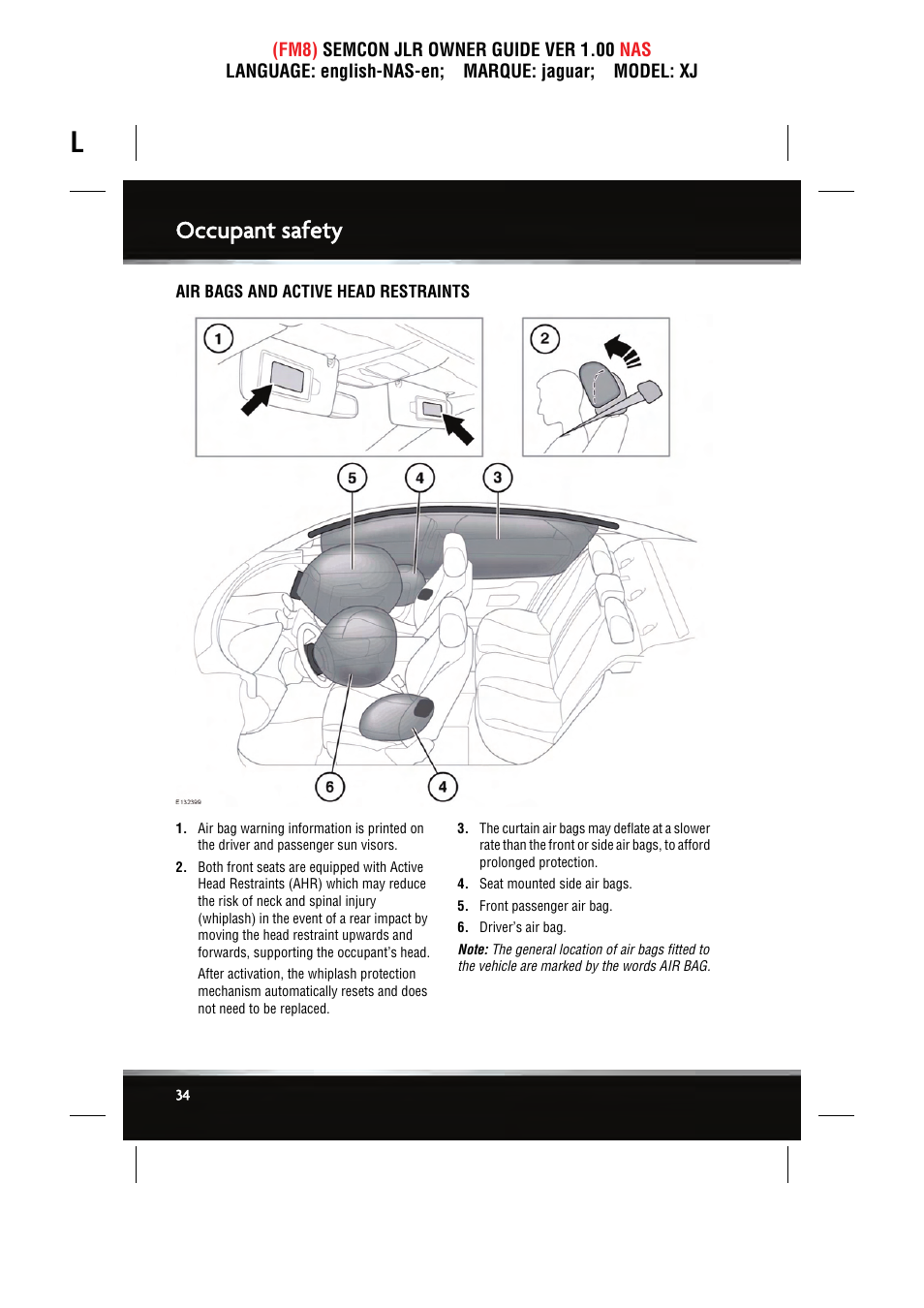 Occupant safety | Jaguar SEMCON JLR XJ User Manual | Page 34 / 217
