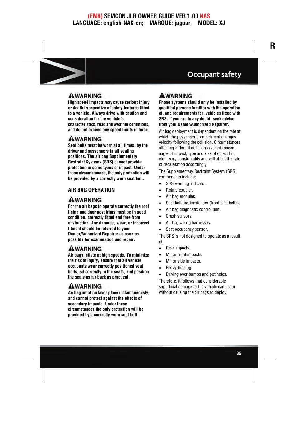 Occupant safety | Jaguar SEMCON JLR XJ User Manual | Page 35 / 217