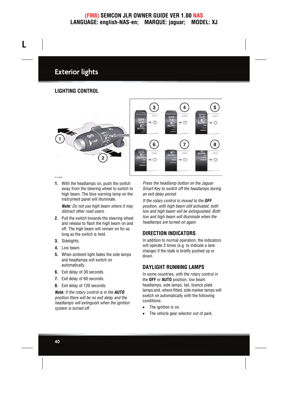 Exterior lights | Jaguar SEMCON JLR XJ User Manual | Page 40 / 217