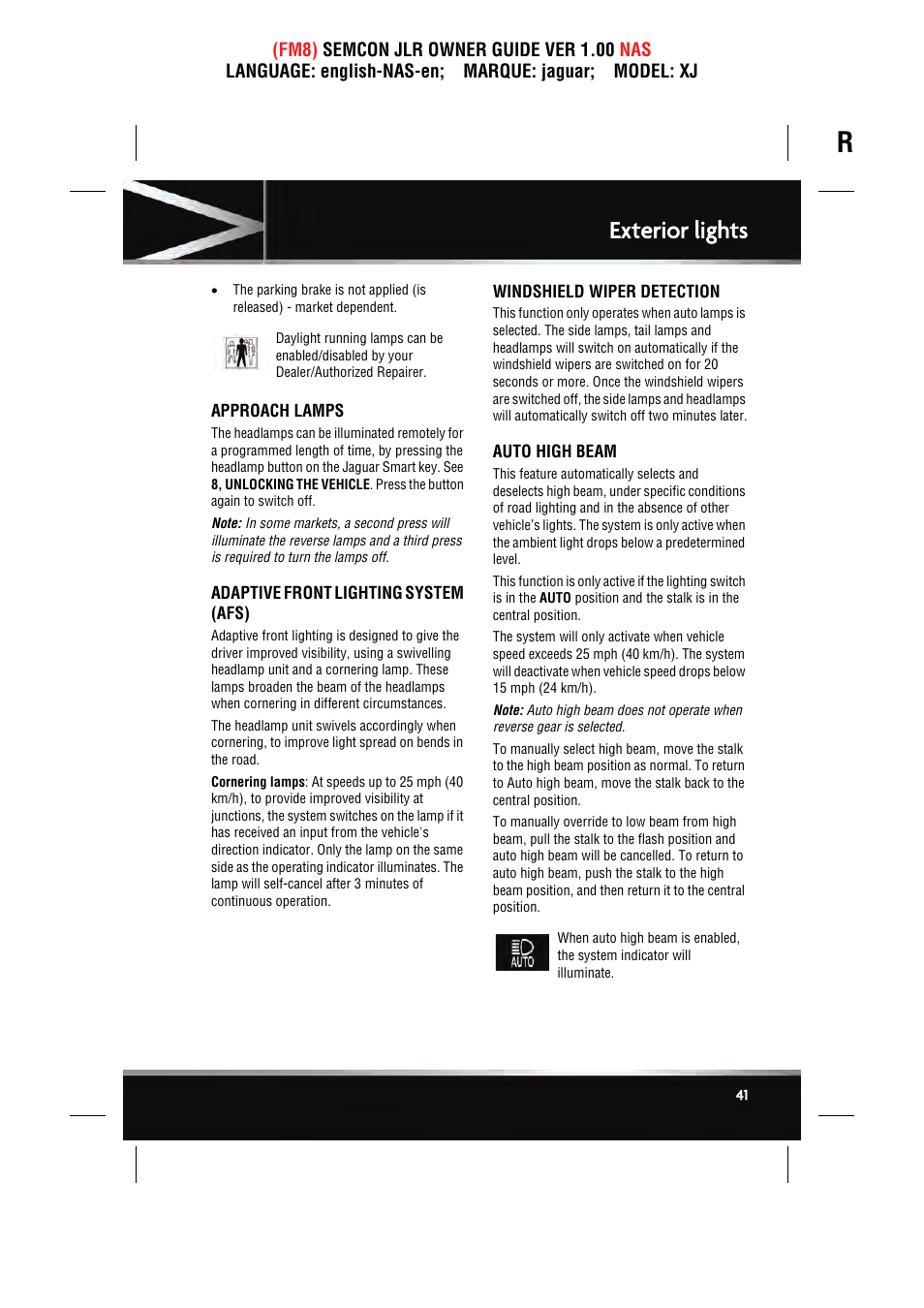 Exterior lights | Jaguar SEMCON JLR XJ User Manual | Page 41 / 217