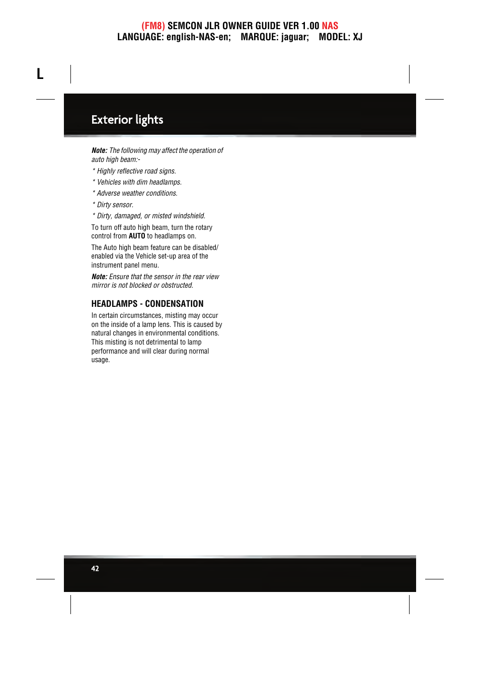 Exterior lights | Jaguar SEMCON JLR XJ User Manual | Page 42 / 217