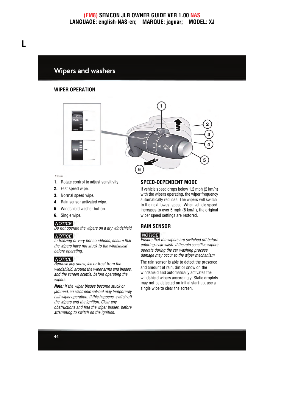 Wipers and washers | Jaguar SEMCON JLR XJ User Manual | Page 44 / 217