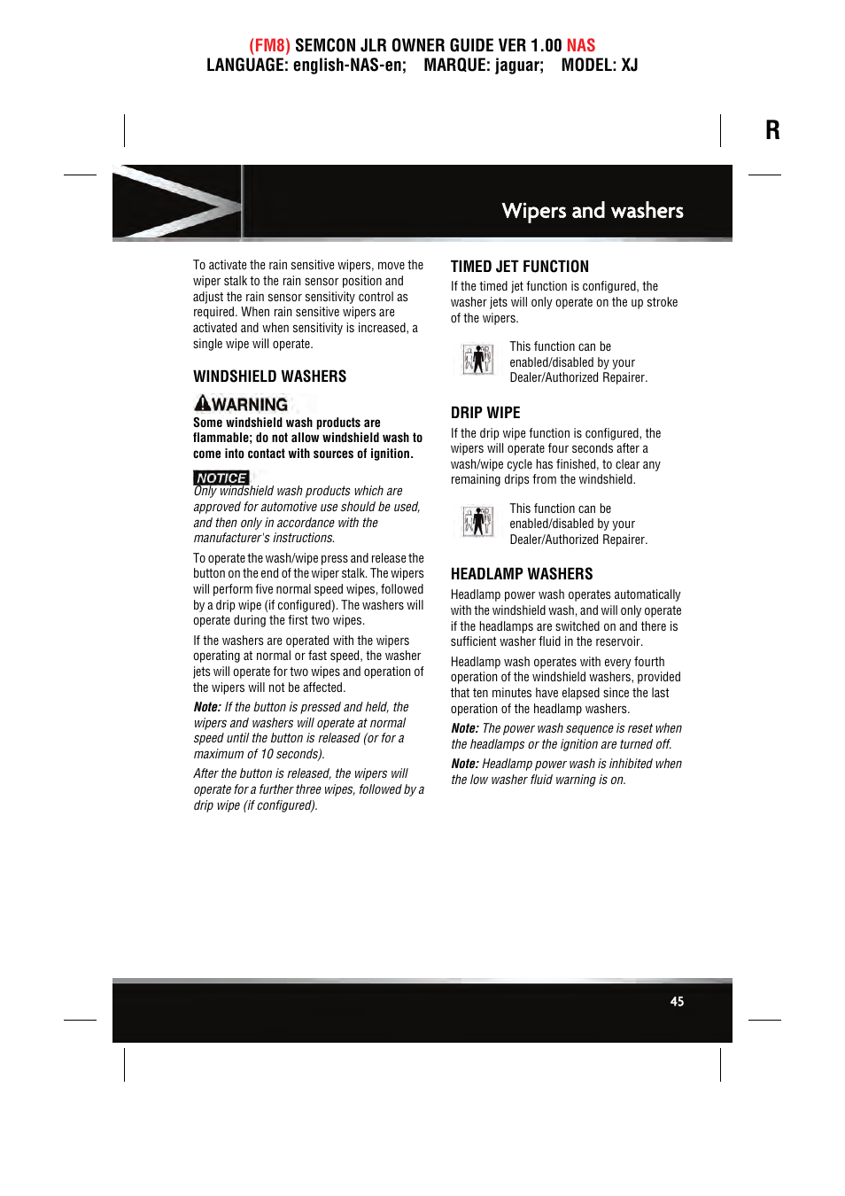 Wipers and washers | Jaguar SEMCON JLR XJ User Manual | Page 45 / 217