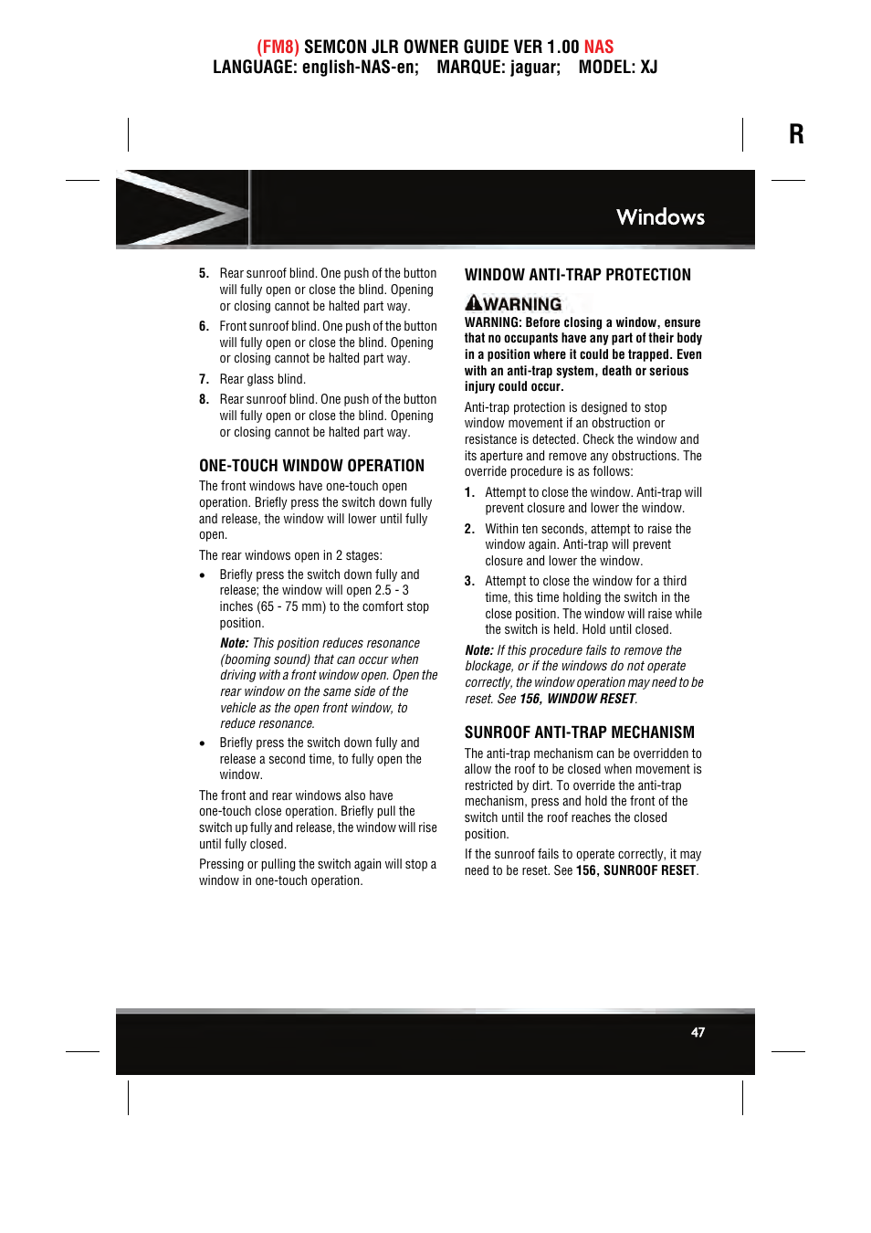 Windows | Jaguar SEMCON JLR XJ User Manual | Page 47 / 217