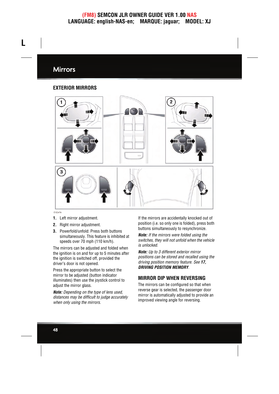 Mirrors | Jaguar SEMCON JLR XJ User Manual | Page 48 / 217