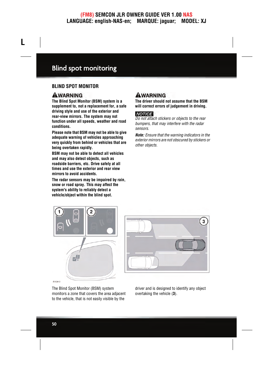Blind spot monitoring | Jaguar SEMCON JLR XJ User Manual | Page 50 / 217