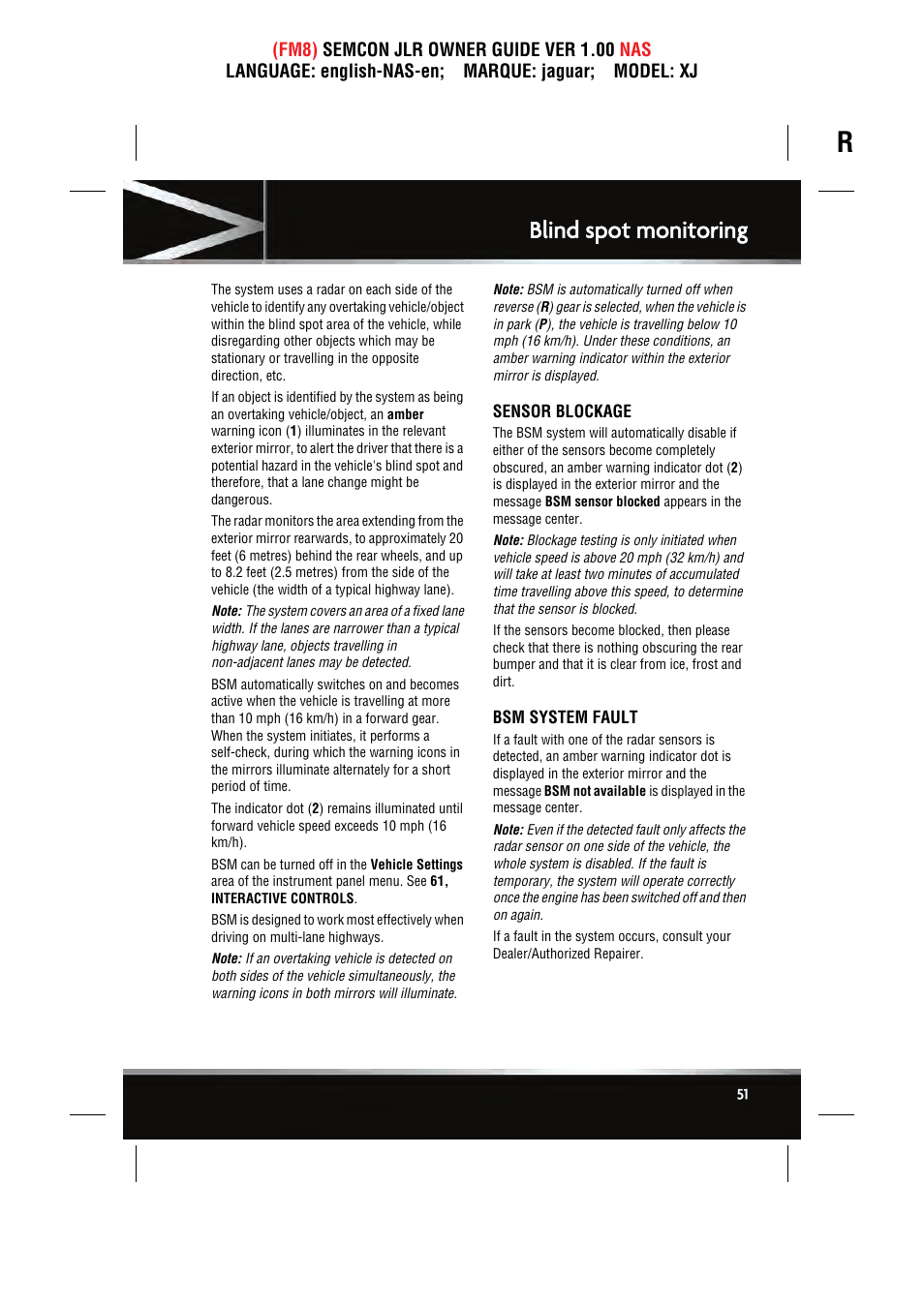 Blind spot monitoring | Jaguar SEMCON JLR XJ User Manual | Page 51 / 217