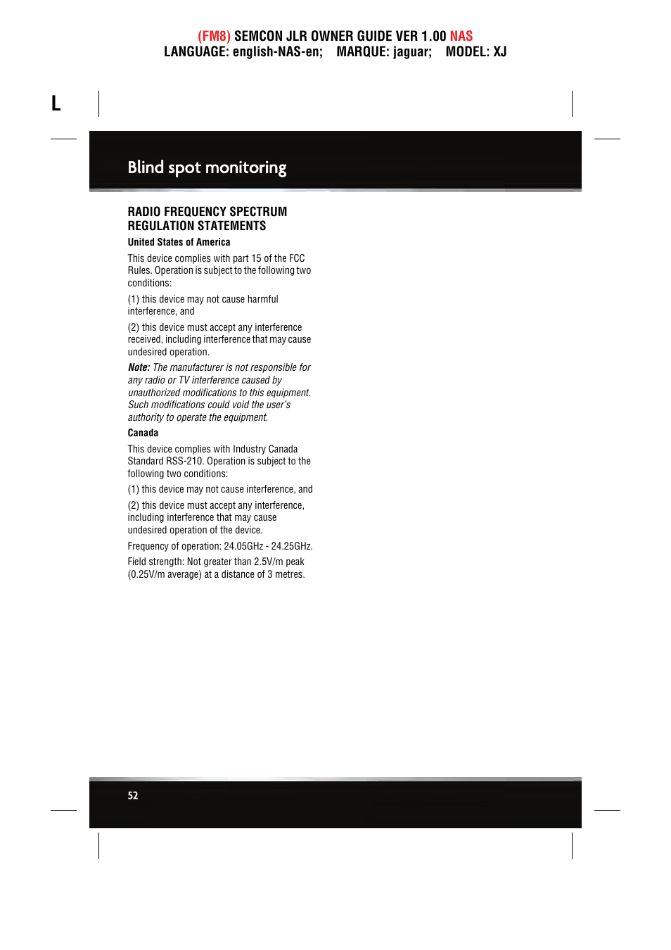 Blind spot monitoring | Jaguar SEMCON JLR XJ User Manual | Page 52 / 217