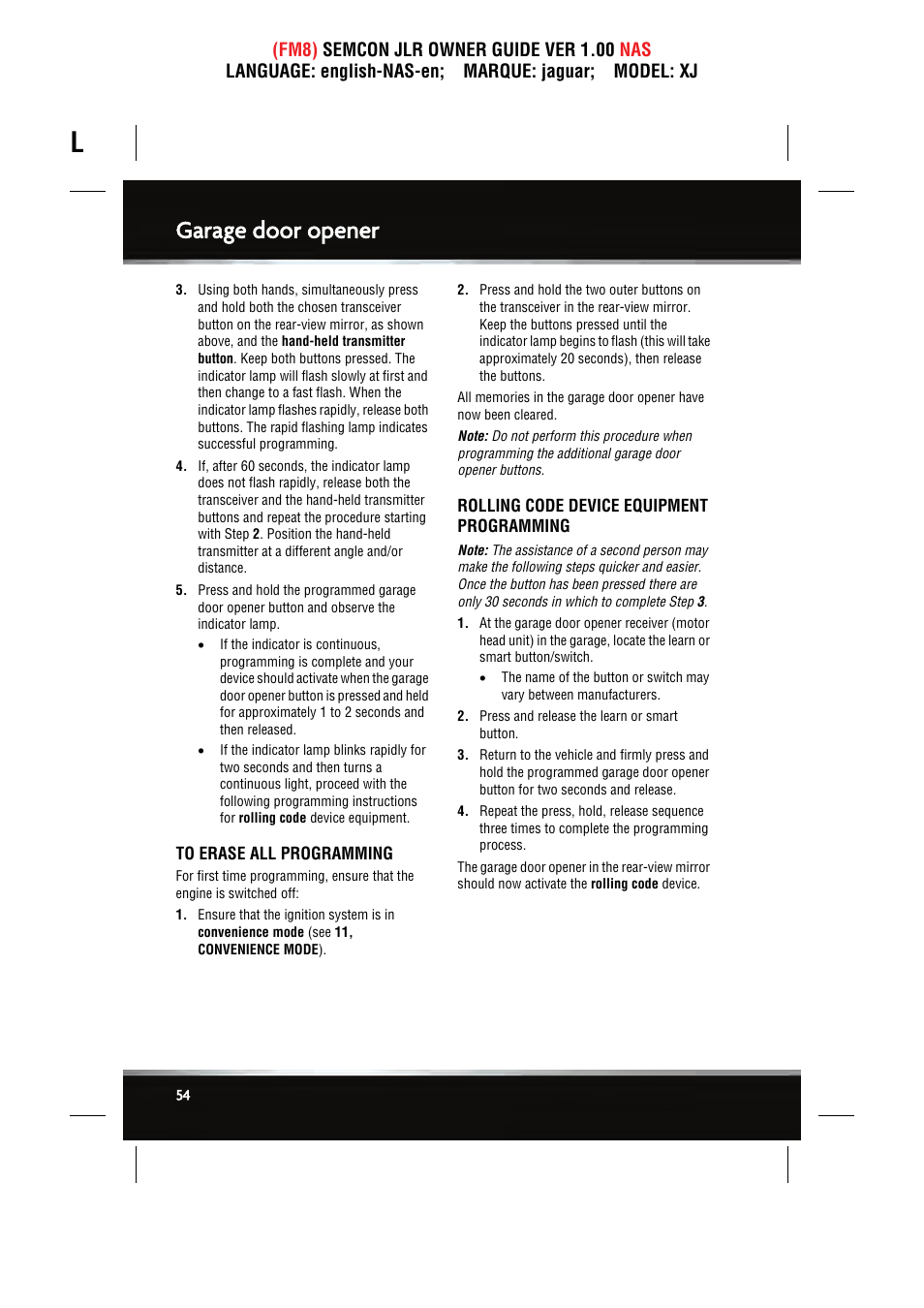 Garage door opener | Jaguar SEMCON JLR XJ User Manual | Page 54 / 217