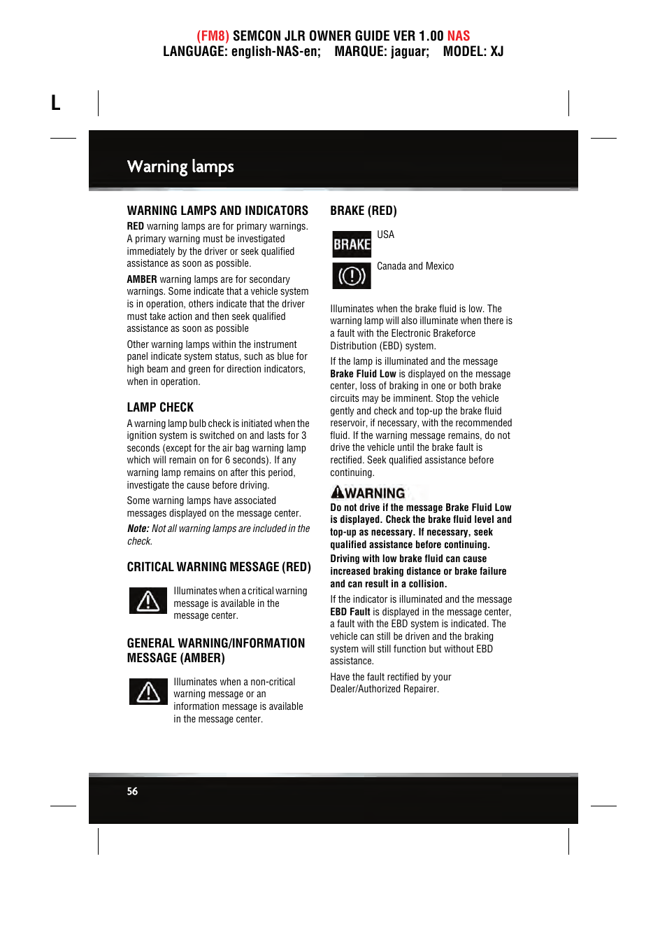Warning lamps | Jaguar SEMCON JLR XJ User Manual | Page 56 / 217