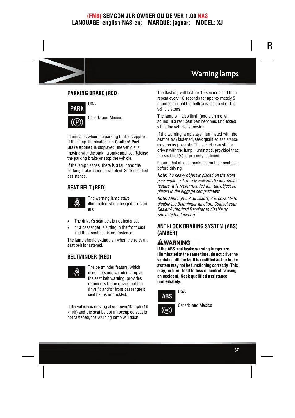 Warning lamps | Jaguar SEMCON JLR XJ User Manual | Page 57 / 217