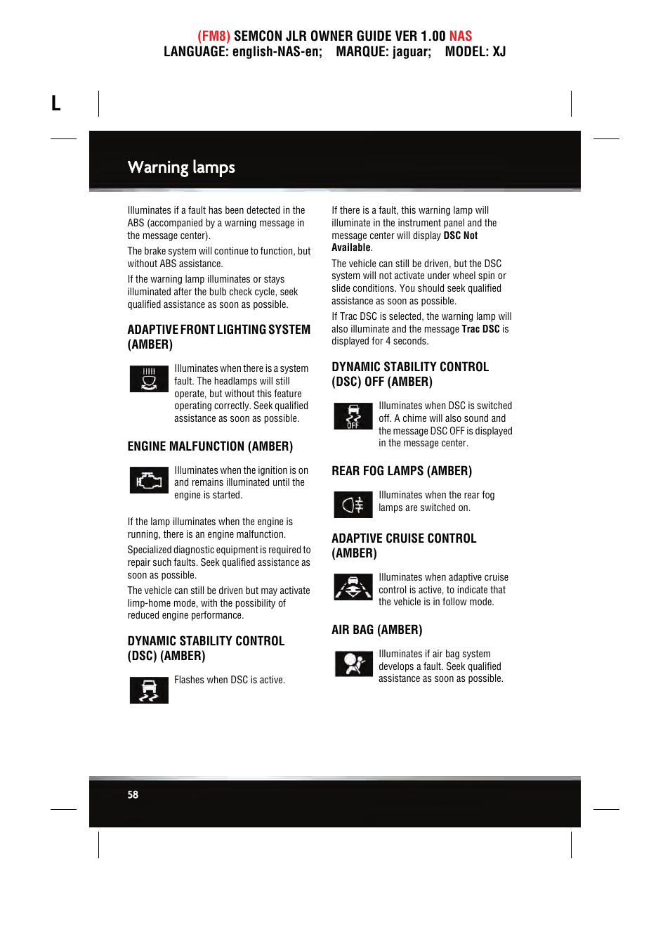 Warning lamps | Jaguar SEMCON JLR XJ User Manual | Page 58 / 217