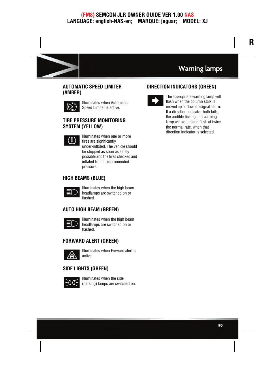 Warning lamps | Jaguar SEMCON JLR XJ User Manual | Page 59 / 217