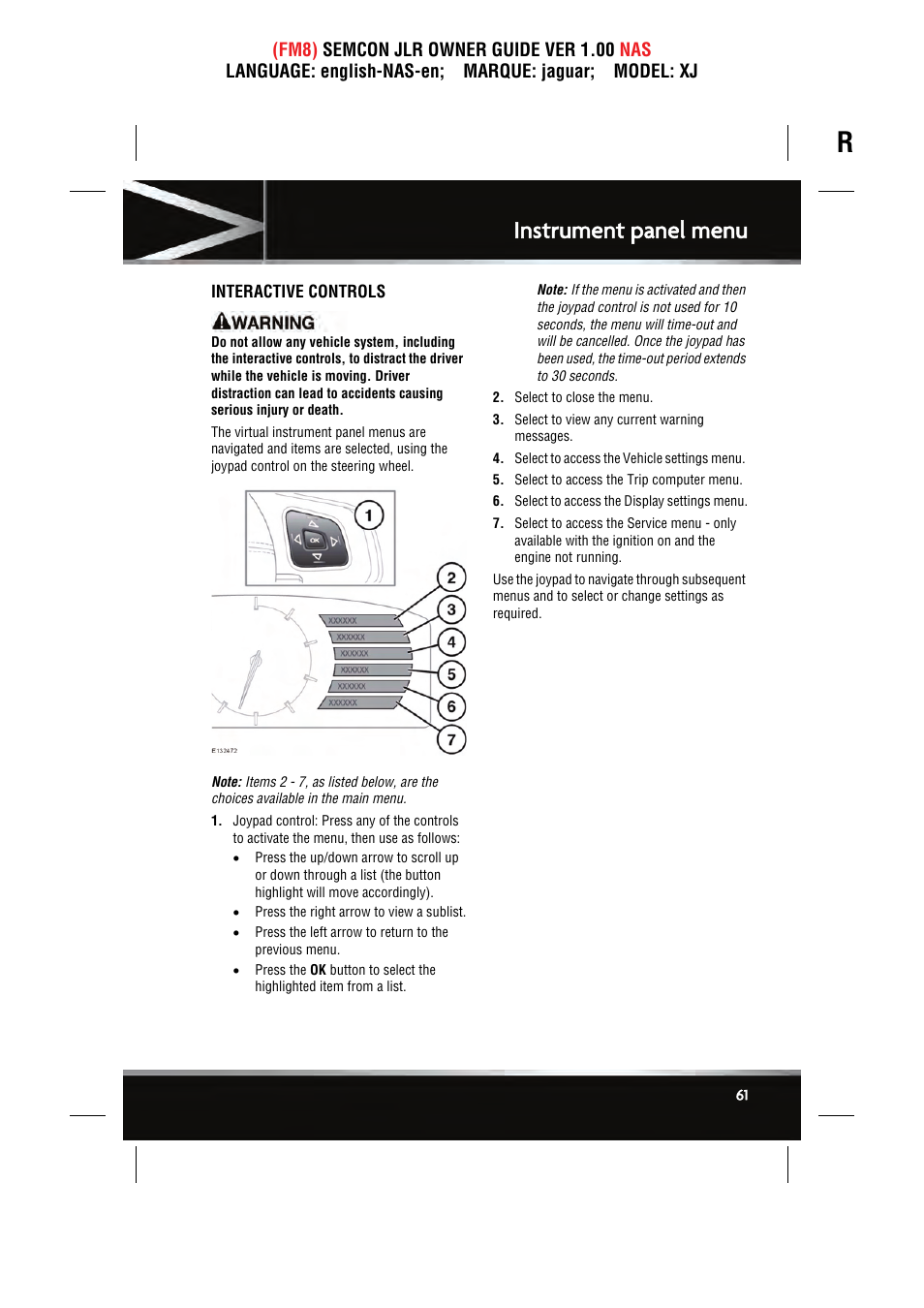 Instrument panel menu | Jaguar SEMCON JLR XJ User Manual | Page 61 / 217