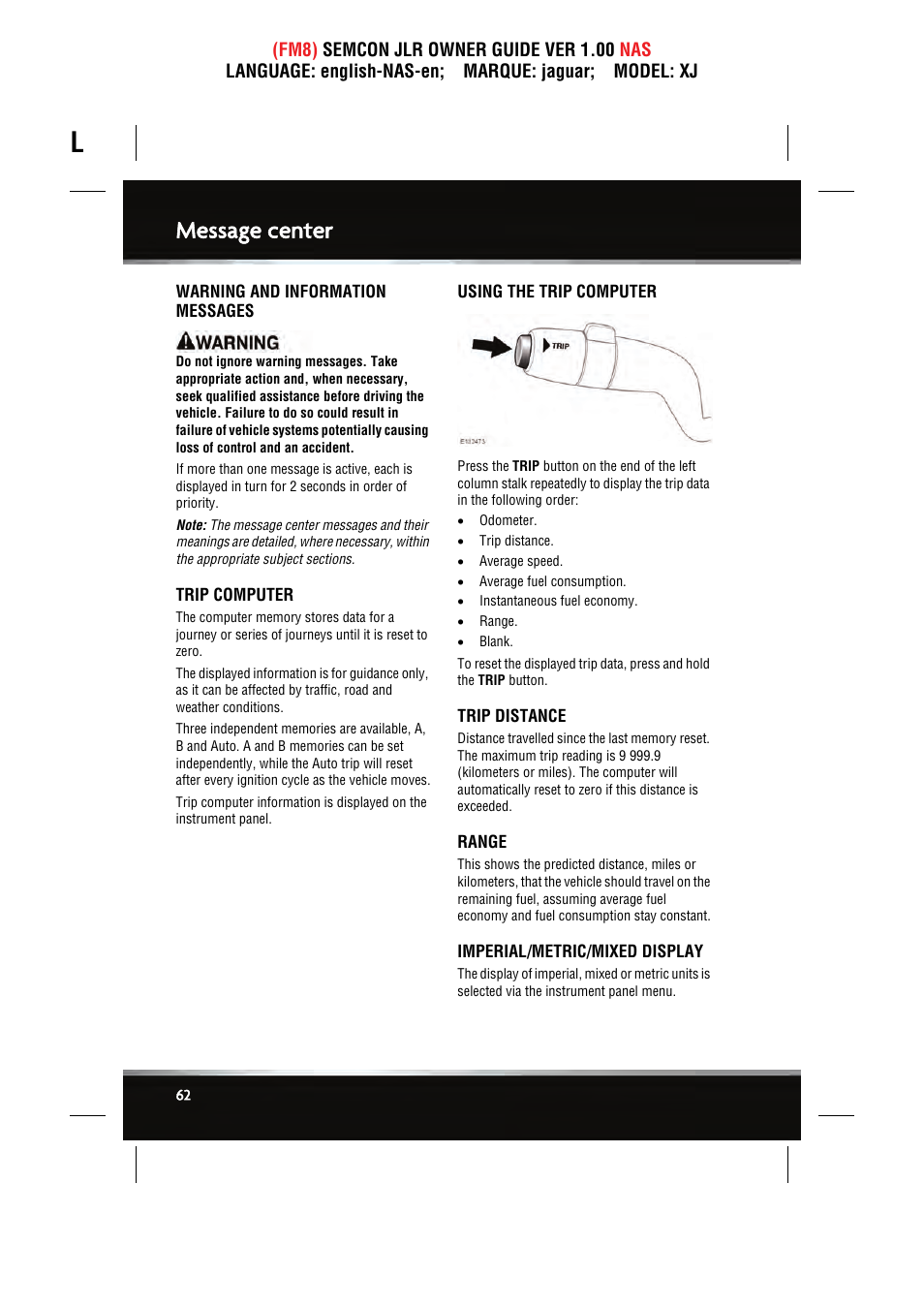 Message center | Jaguar SEMCON JLR XJ User Manual | Page 62 / 217