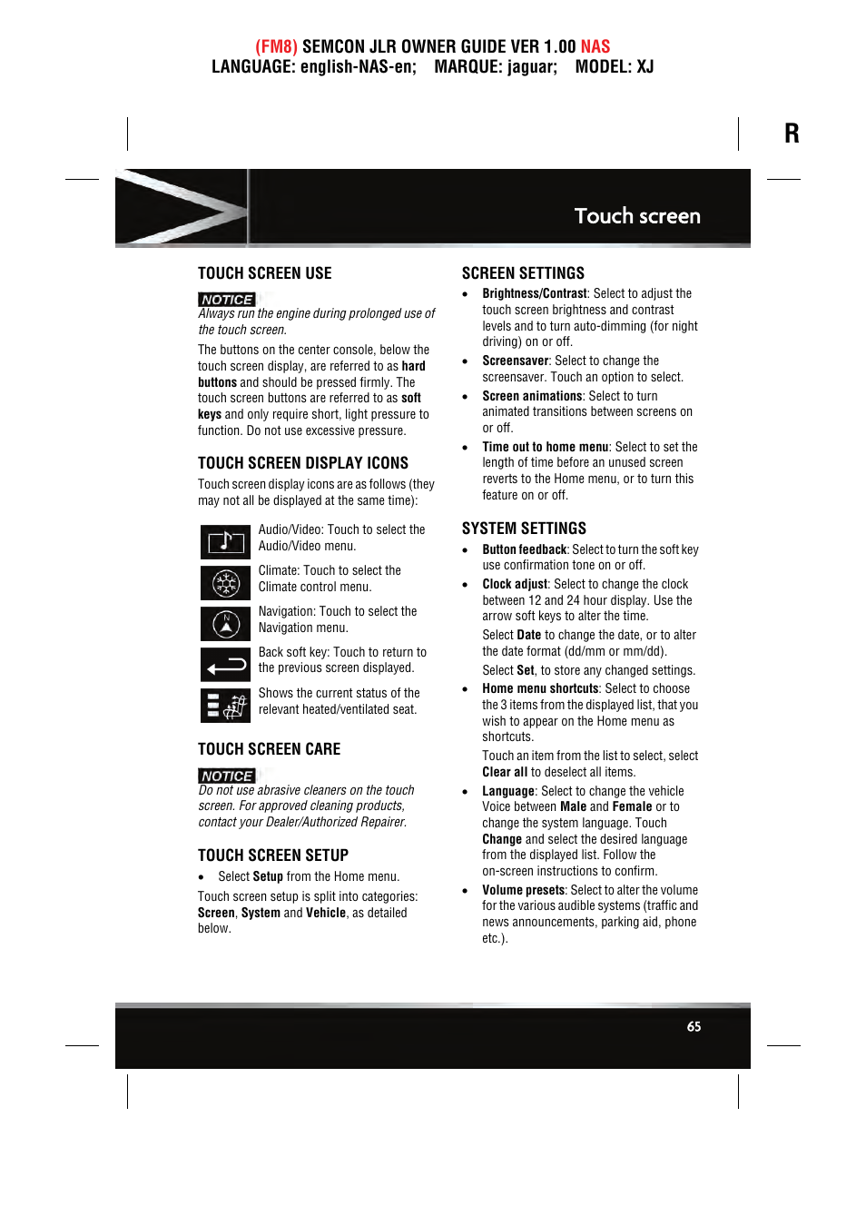 Touch screen | Jaguar SEMCON JLR XJ User Manual | Page 65 / 217