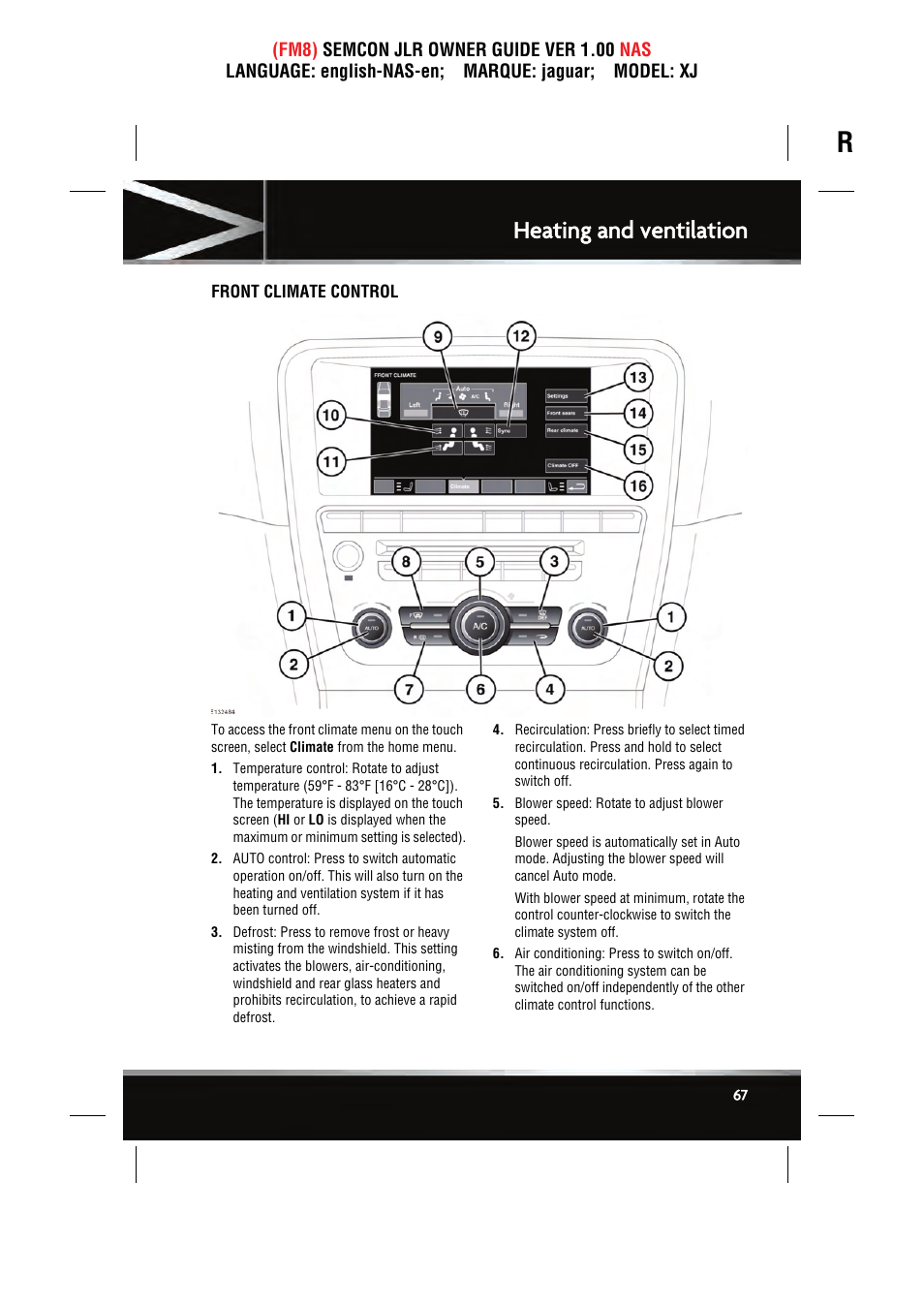 Heating and ventilation | Jaguar SEMCON JLR XJ User Manual | Page 67 / 217