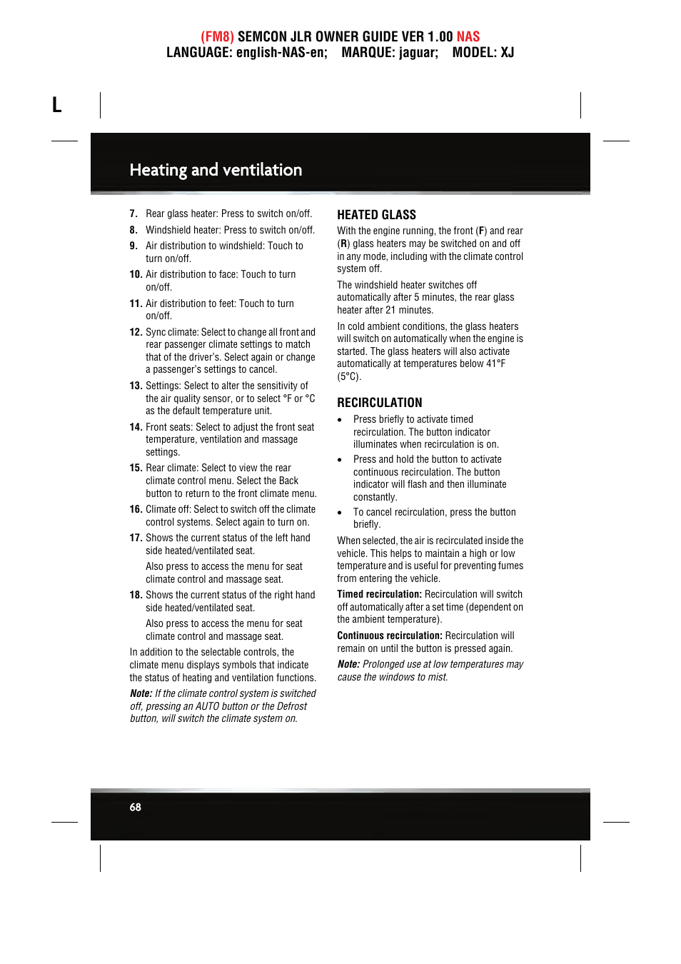 Heating and ventilation | Jaguar SEMCON JLR XJ User Manual | Page 68 / 217