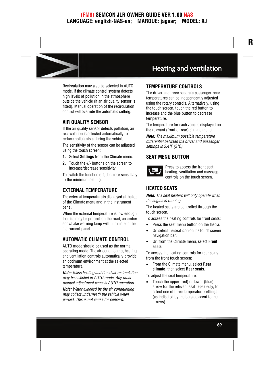 Heating and ventilation | Jaguar SEMCON JLR XJ User Manual | Page 69 / 217