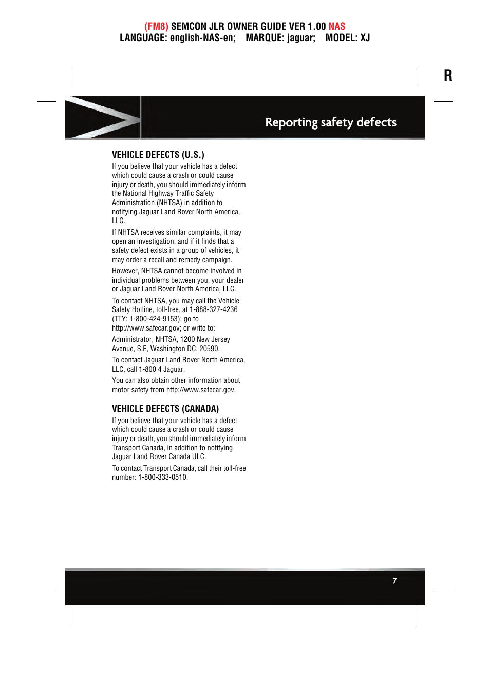 Reporting safety defects | Jaguar SEMCON JLR XJ User Manual | Page 7 / 217