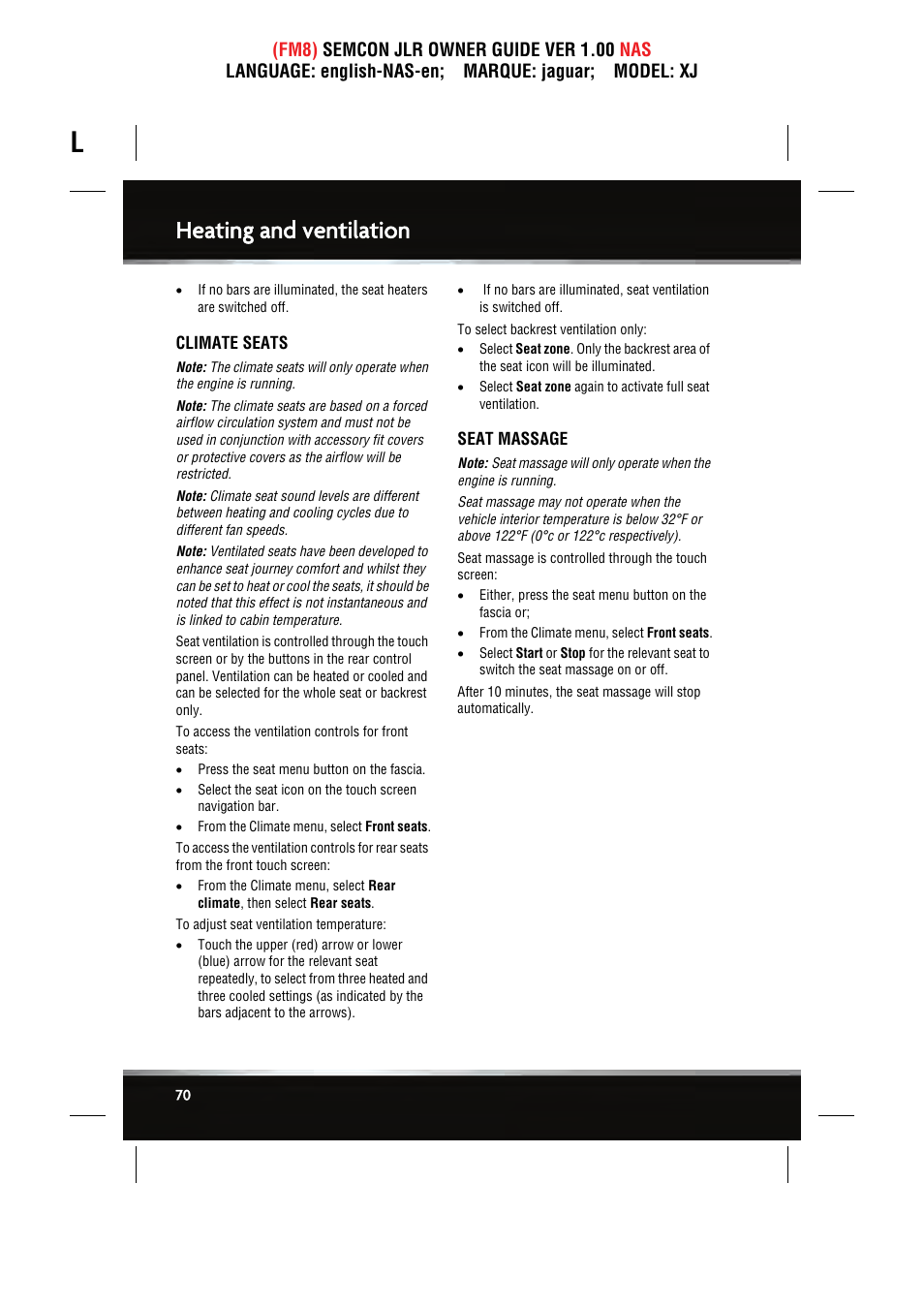 Heating and ventilation | Jaguar SEMCON JLR XJ User Manual | Page 70 / 217