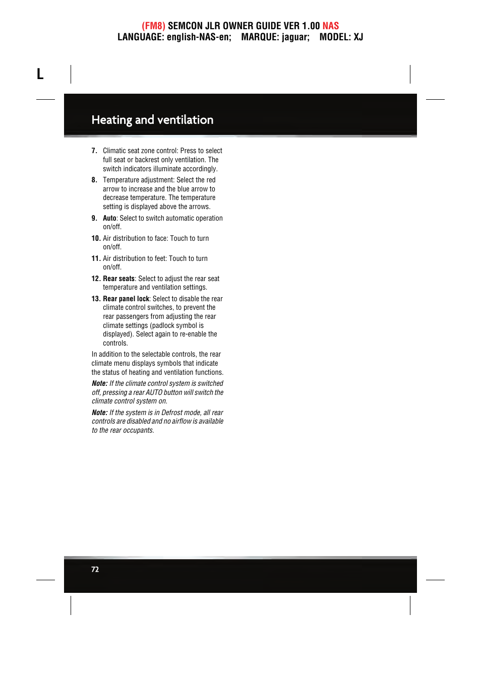Heating and ventilation | Jaguar SEMCON JLR XJ User Manual | Page 72 / 217