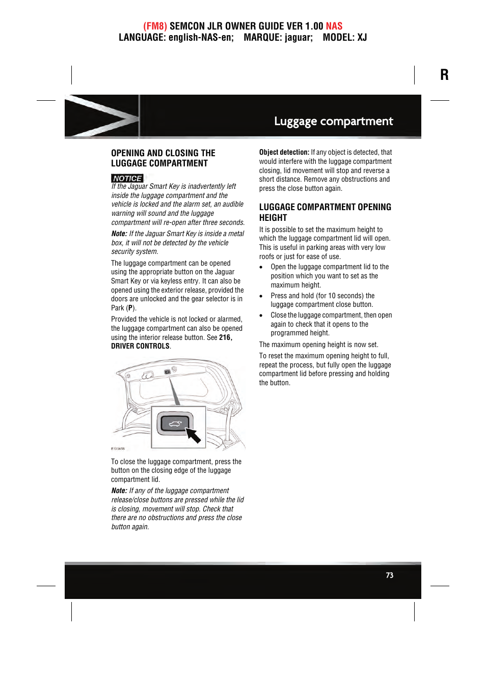 Luggage compartment | Jaguar SEMCON JLR XJ User Manual | Page 73 / 217
