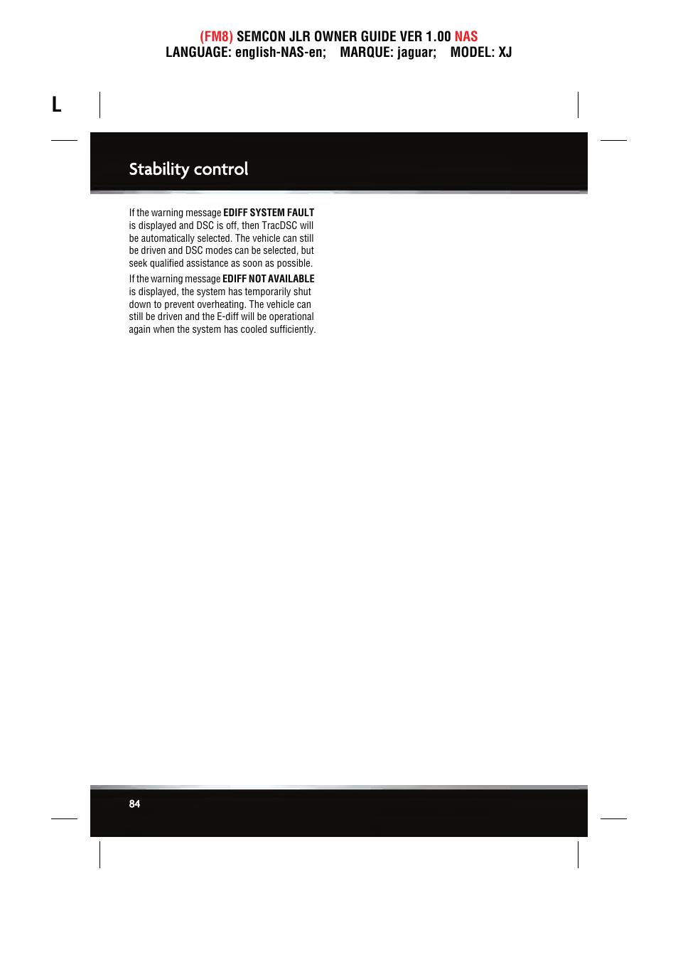 Stability control | Jaguar SEMCON JLR XJ User Manual | Page 84 / 217