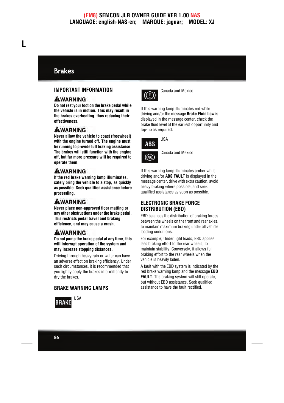 Brakes | Jaguar SEMCON JLR XJ User Manual | Page 86 / 217
