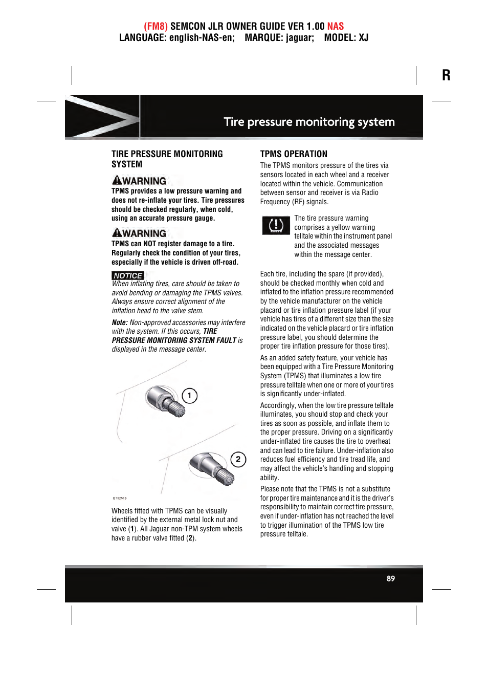 Tire pressure monitoring system | Jaguar SEMCON JLR XJ User Manual | Page 89 / 217