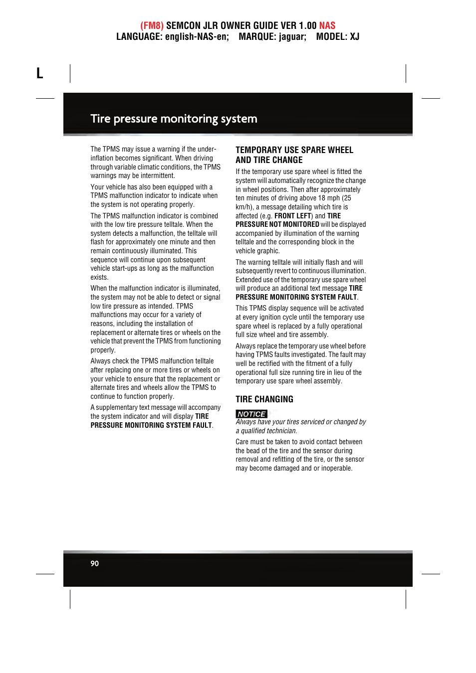 Tire pressure monitoring system | Jaguar SEMCON JLR XJ User Manual | Page 90 / 217