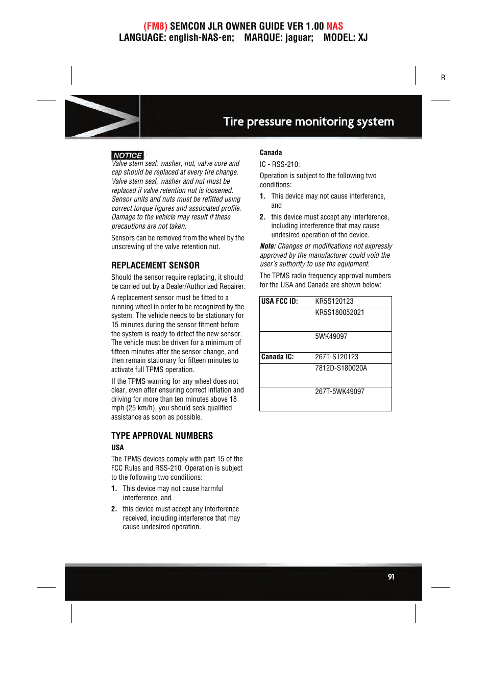 Tire pressure monitoring system | Jaguar SEMCON JLR XJ User Manual | Page 91 / 217