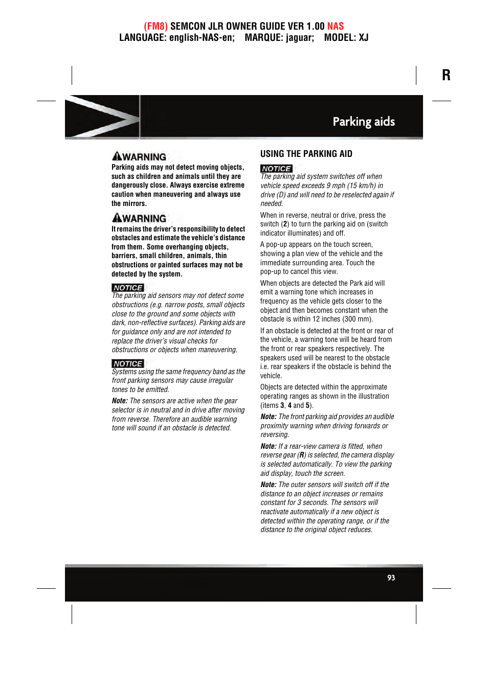 Parking aids | Jaguar SEMCON JLR XJ User Manual | Page 93 / 217