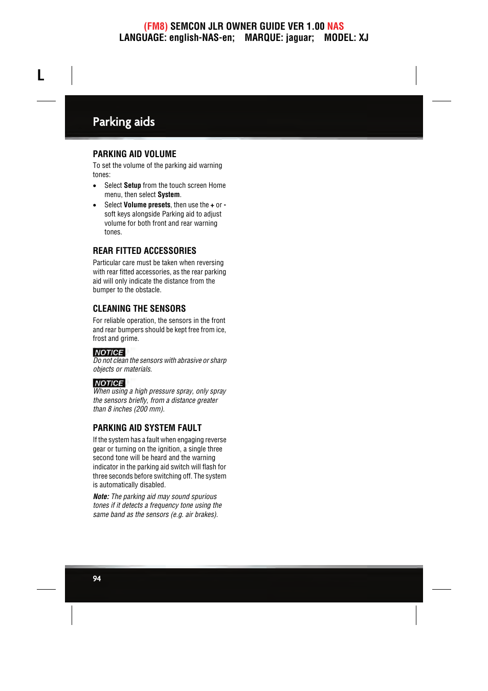 Parking aids | Jaguar SEMCON JLR XJ User Manual | Page 94 / 217