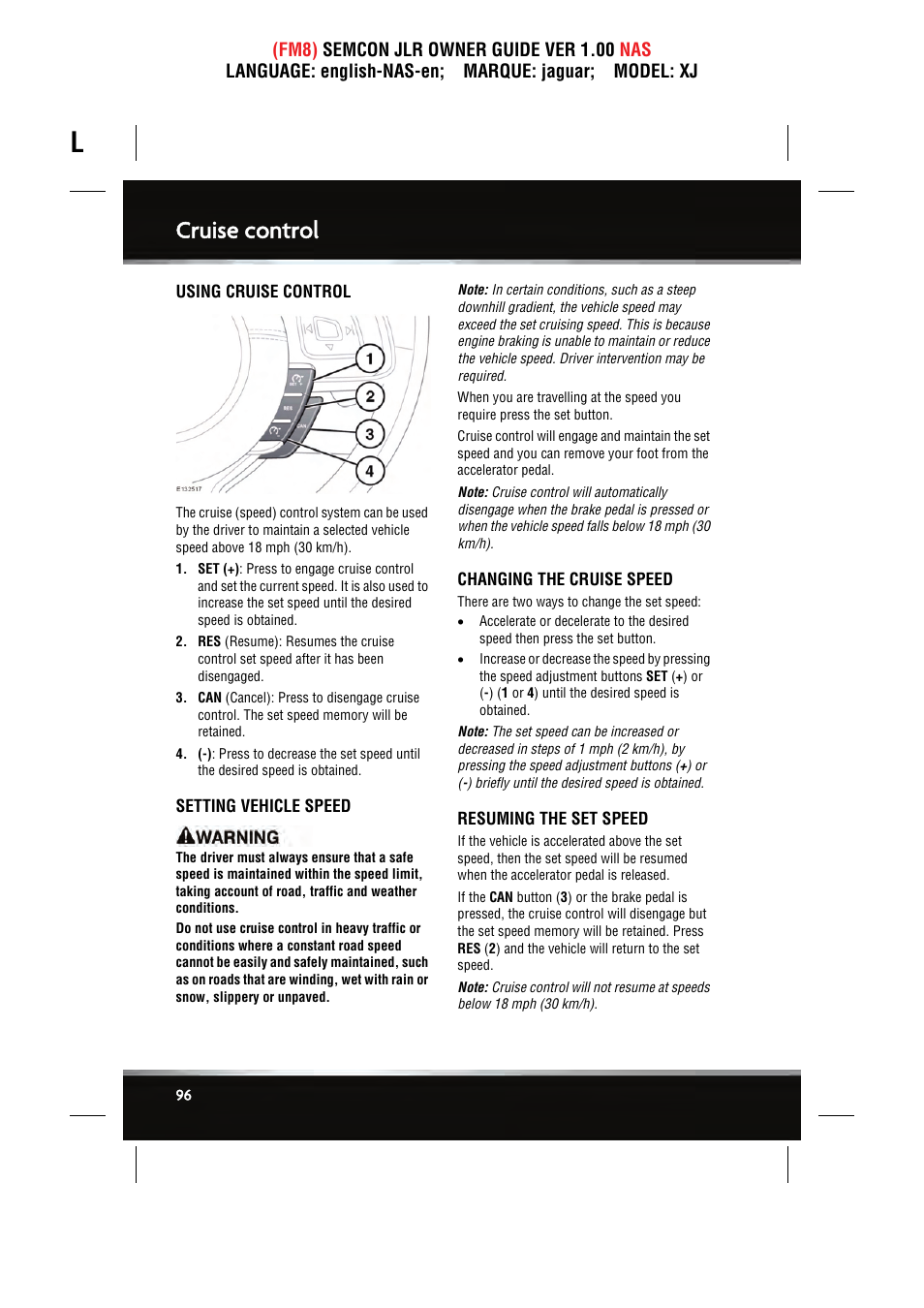 Cruise control | Jaguar SEMCON JLR XJ User Manual | Page 96 / 217