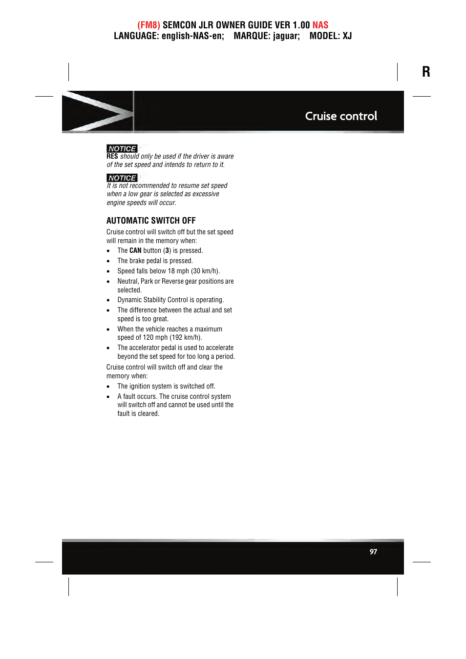 Cruise control | Jaguar SEMCON JLR XJ User Manual | Page 97 / 217