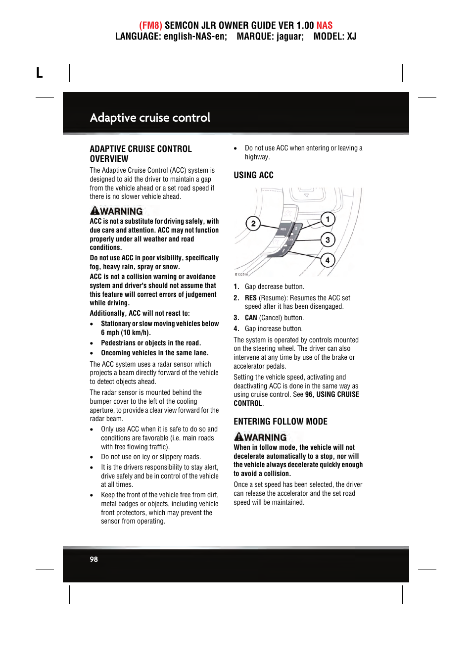Adaptive cruise control | Jaguar SEMCON JLR XJ User Manual | Page 98 / 217