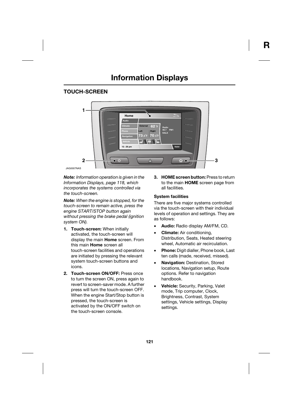 Information displays, Touch-screen | Jaguar XK JJM 18 02 30 701 User Manual | Page 112 / 260