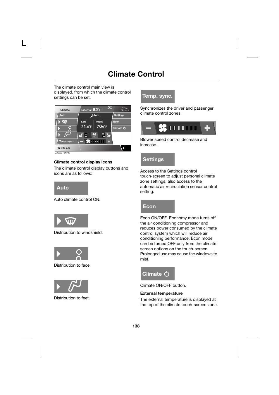 Climate control, Auto temp. sync. settings econ climate | Jaguar XK JJM 18 02 30 701 User Manual | Page 129 / 260