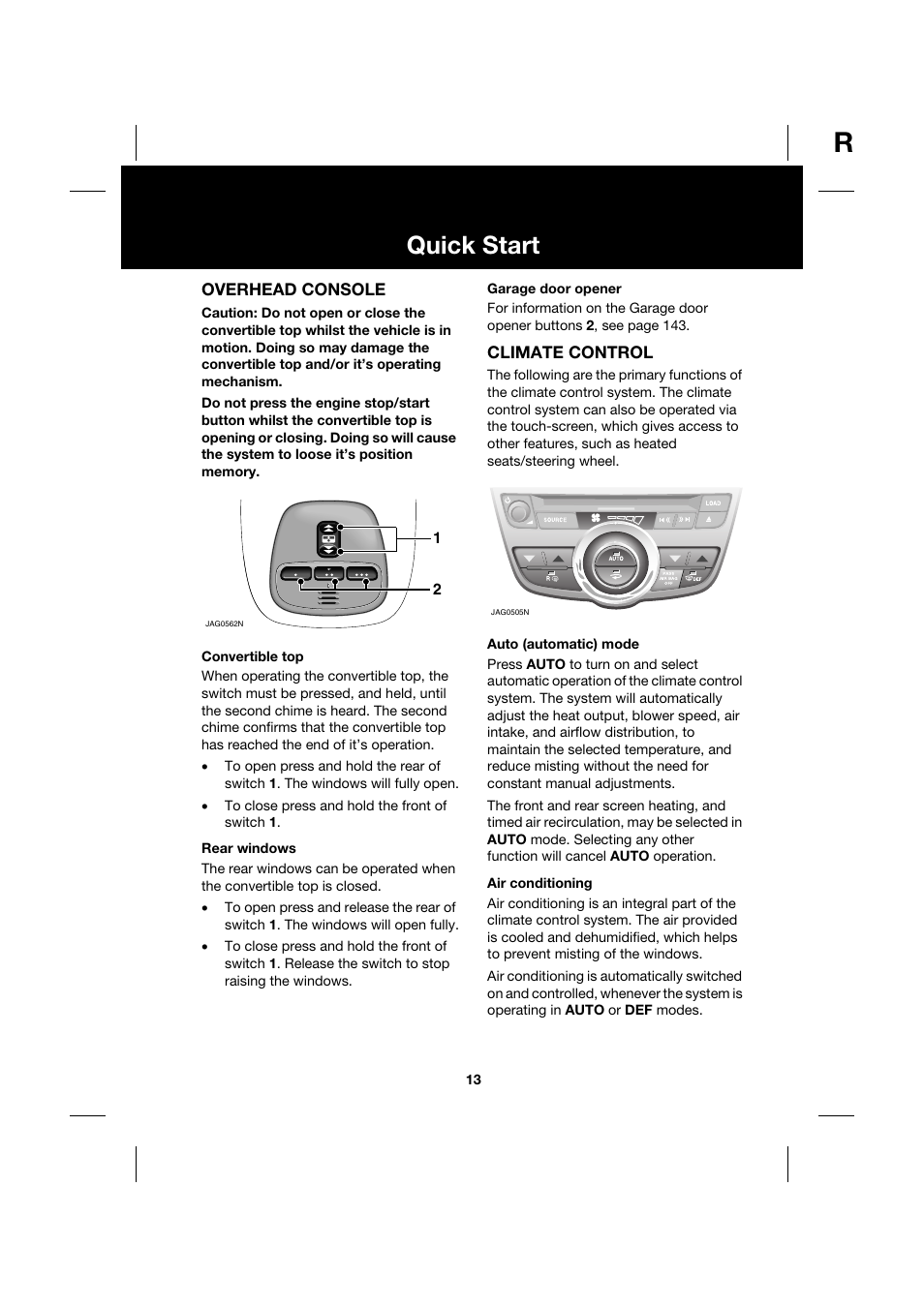 Quick start | Jaguar XK JJM 18 02 30 701 User Manual | Page 13 / 260