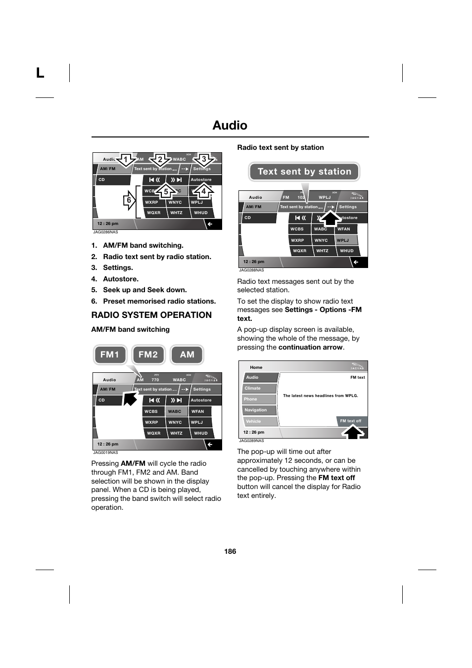 Audio, Text sent by station, Radio system operation | Fm2 am fm1 | Jaguar XK JJM 18 02 30 701 User Manual | Page 161 / 260