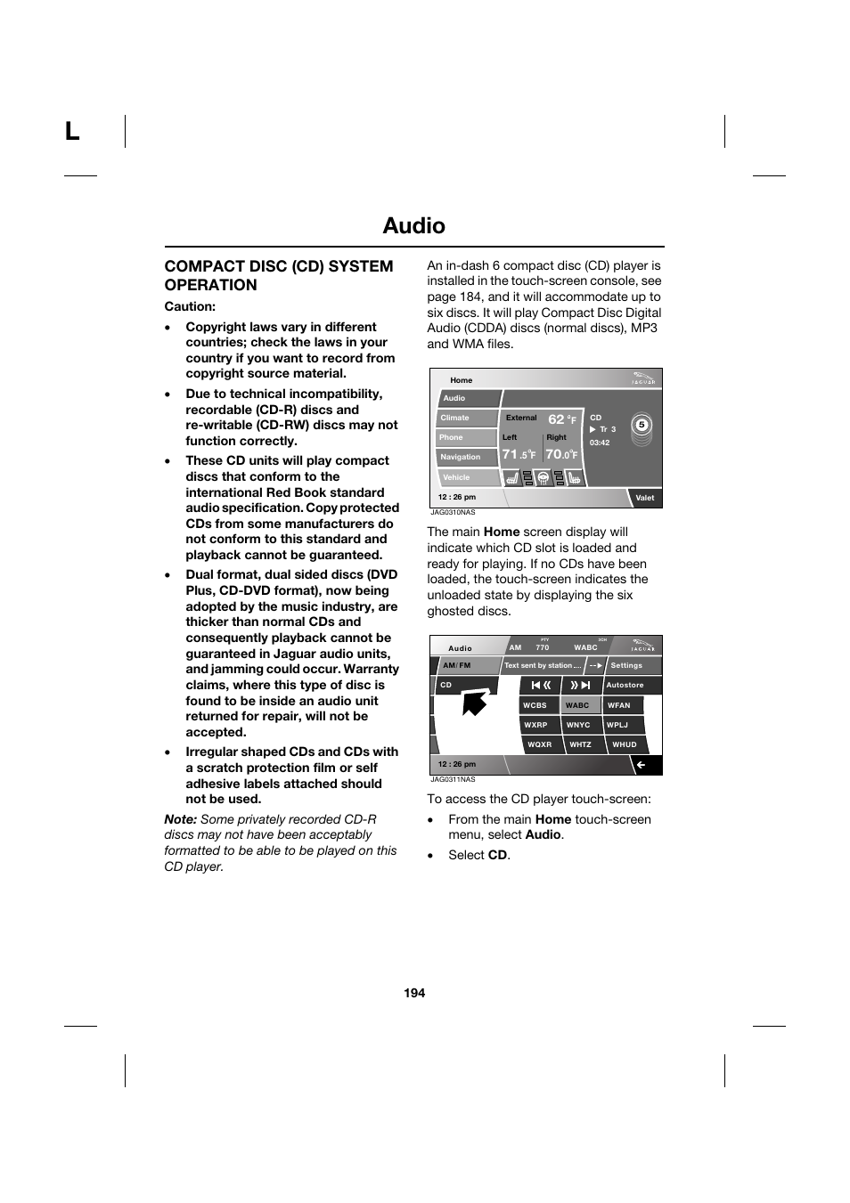 Audio, Compact disc (cd) system operation | Jaguar XK JJM 18 02 30 701 User Manual | Page 169 / 260