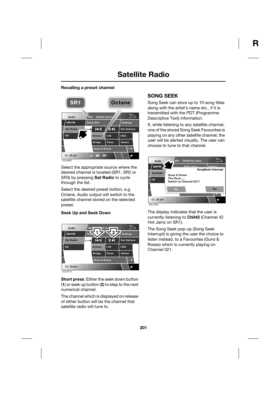 Satellite radio, Song seek, Octane sr1 | Jaguar XK JJM 18 02 30 701 User Manual | Page 176 / 260