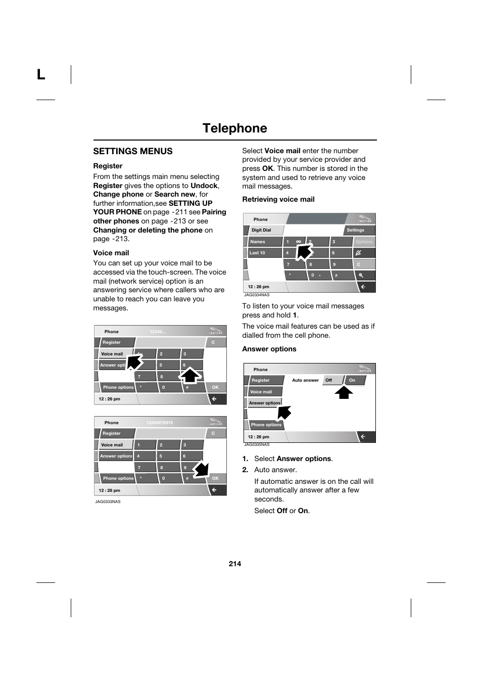 Telephone, Settings menus | Jaguar XK JJM 18 02 30 701 User Manual | Page 189 / 260