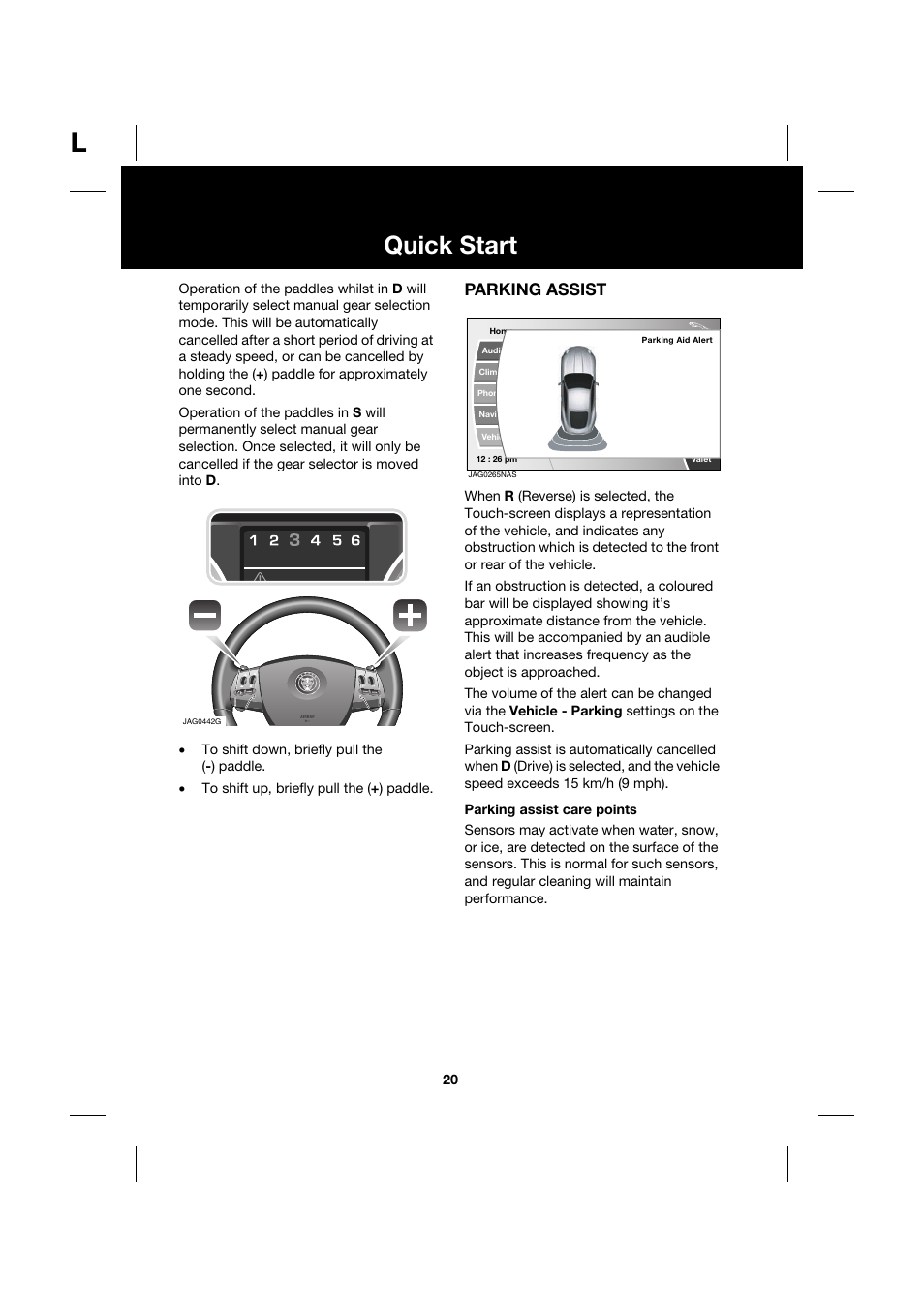 Quick start, Parking assist | Jaguar XK JJM 18 02 30 701 User Manual | Page 20 / 260