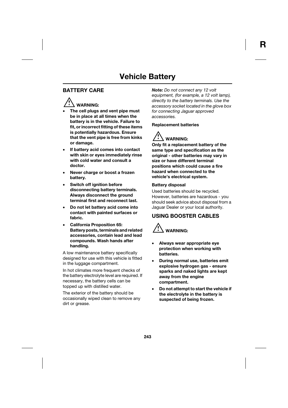 Vehicle battery | Jaguar XK JJM 18 02 30 701 User Manual | Page 218 / 260